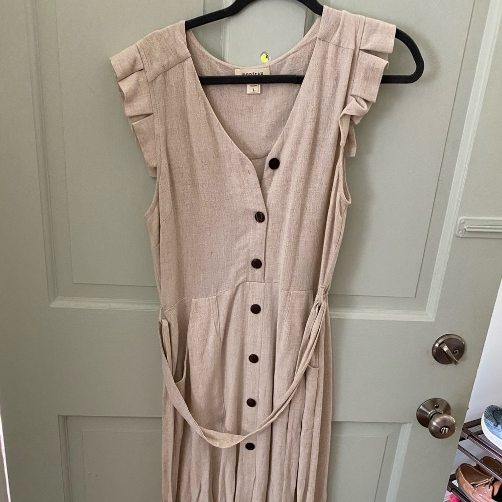 Tan Mid Length Dress with Brown Buttons